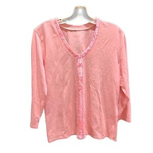 Talbots Pink Sequin V Neck Long Sleeve Top Sz M